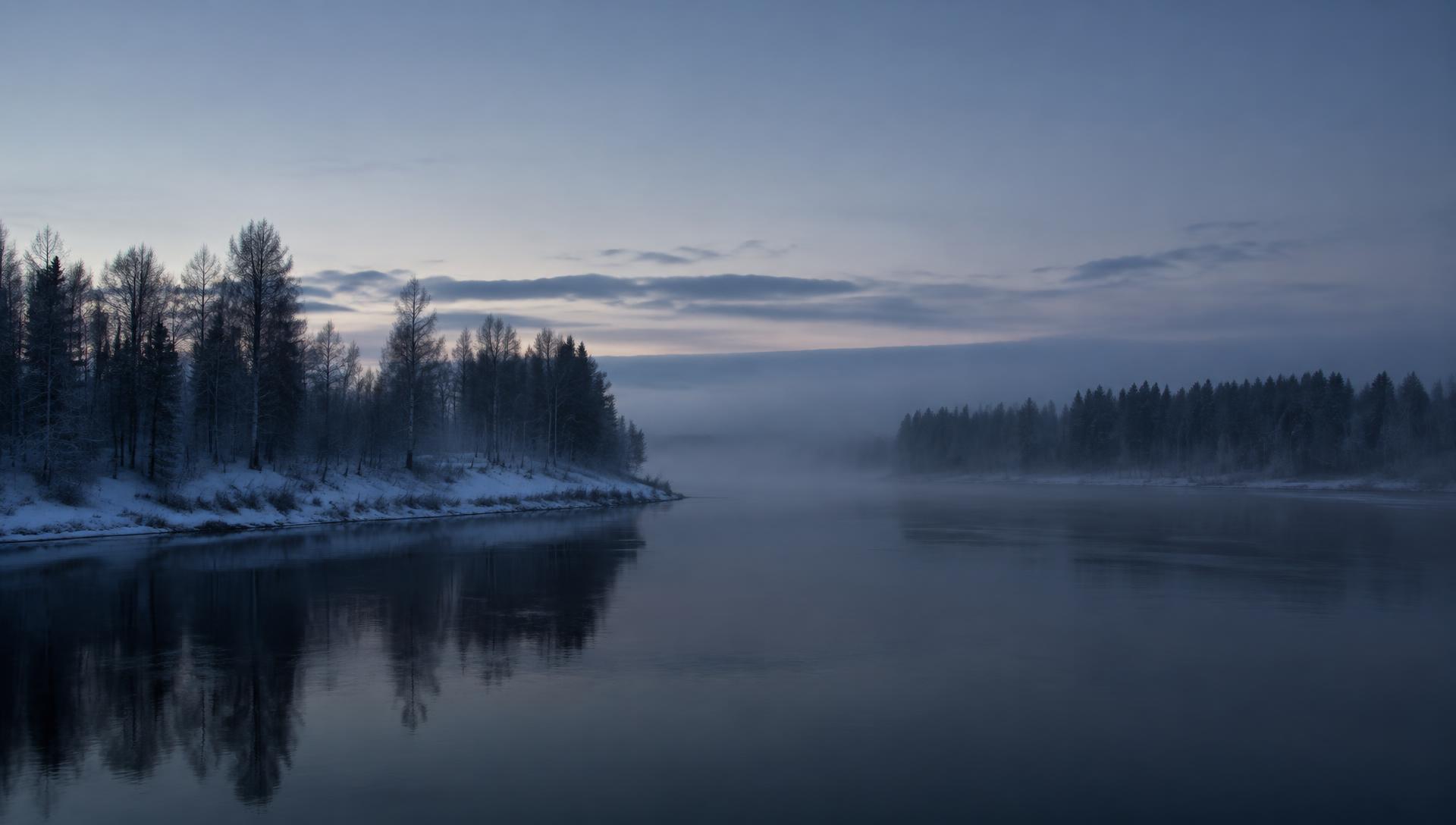 Umeälven i vinterskymning
